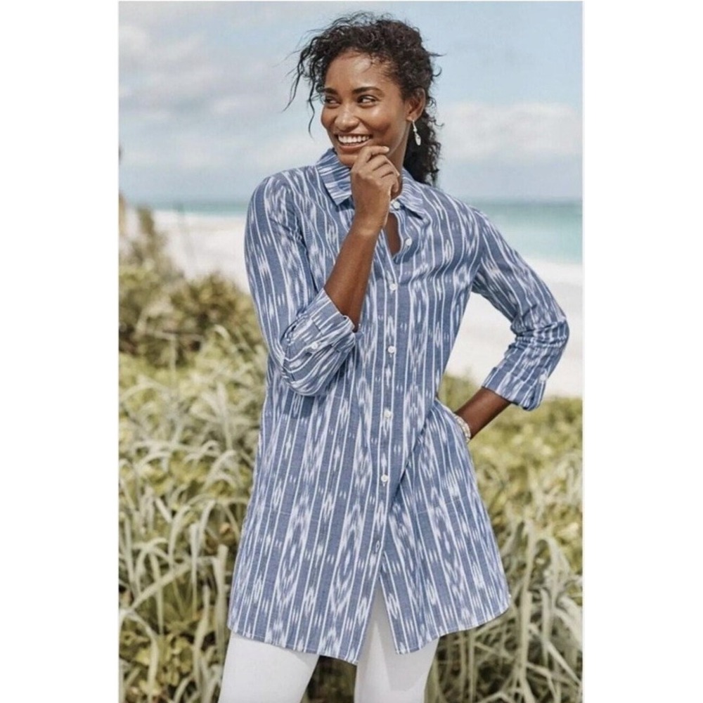 Pure Jill J Jill Ikat Tunic Shirt Womens Medium Blue Cotton Button Front Pockets